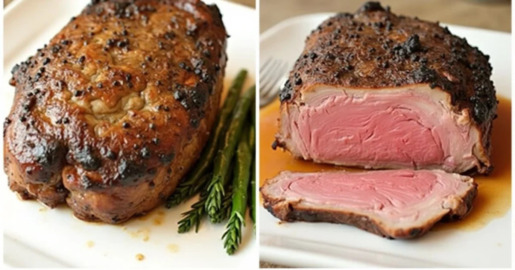 Tri Tip Pressure Cooker roast sliced on a cutting board, surrounded by fresh rosemary, beef broth, and roasted vegetables.
