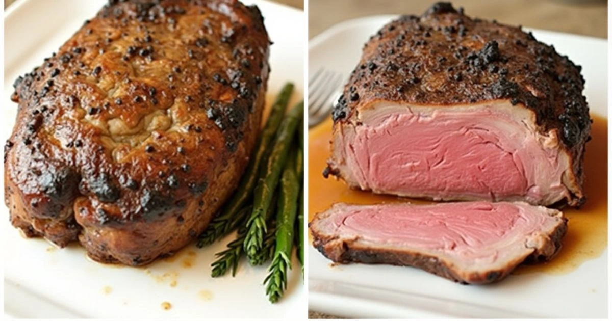 Tri Tip Pressure Cooker roast sliced on a cutting board, surrounded by fresh rosemary, beef broth, and roasted vegetables.